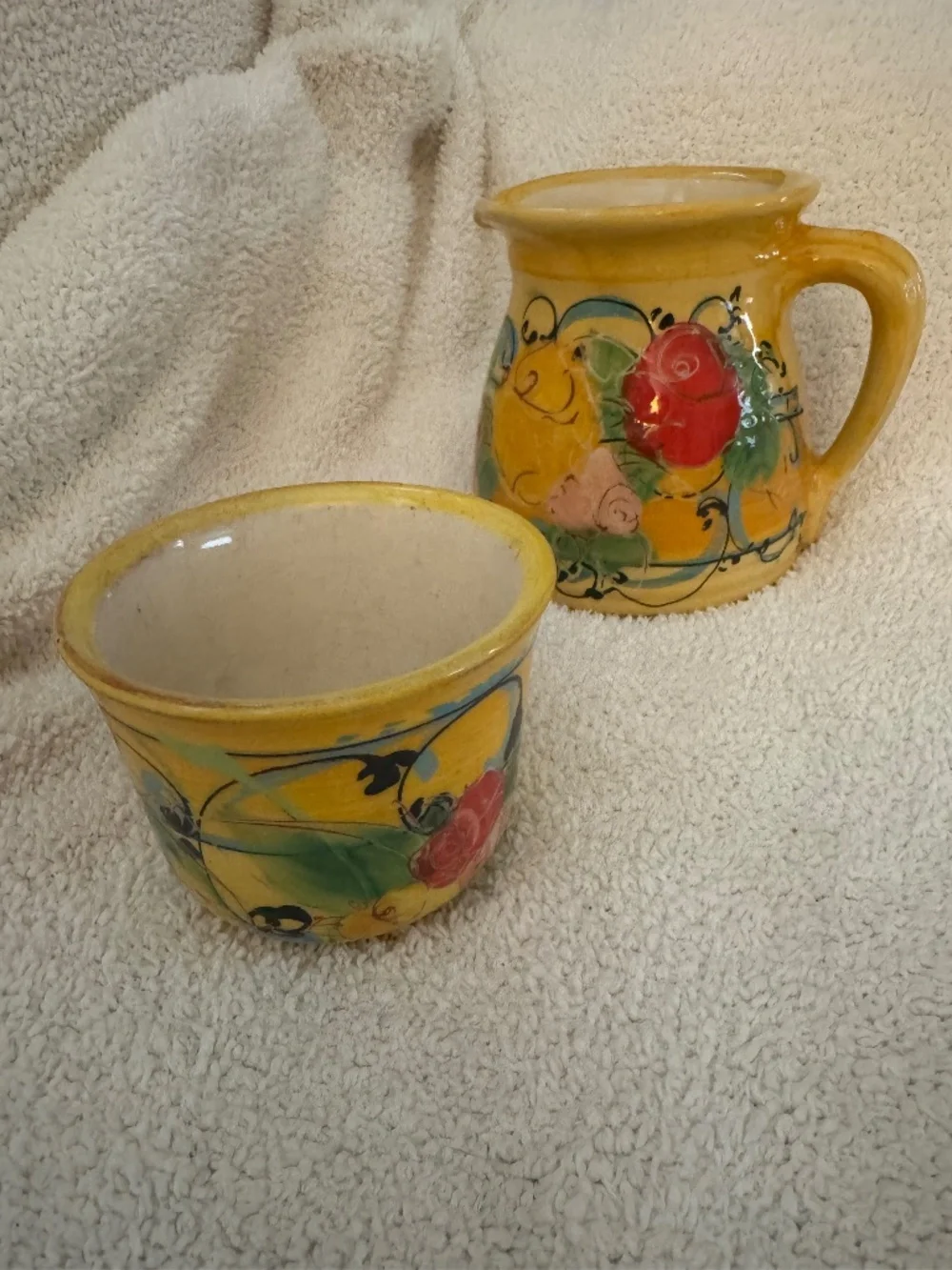 Vintage French ceramic small pitcher and bowl